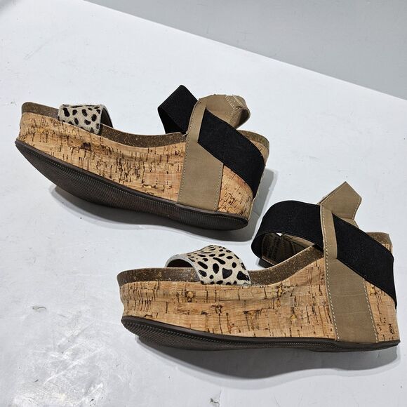 Corkys Sandals Women's Size 8 Tan Black Leather Cheetah Cork Platform Wedge - Picture 3 of 5